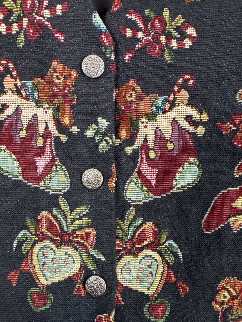 Vintage Partners II Womens Black Holiday Tapestry Print Vest Rocking Horse Candy - Picture 2 of 7